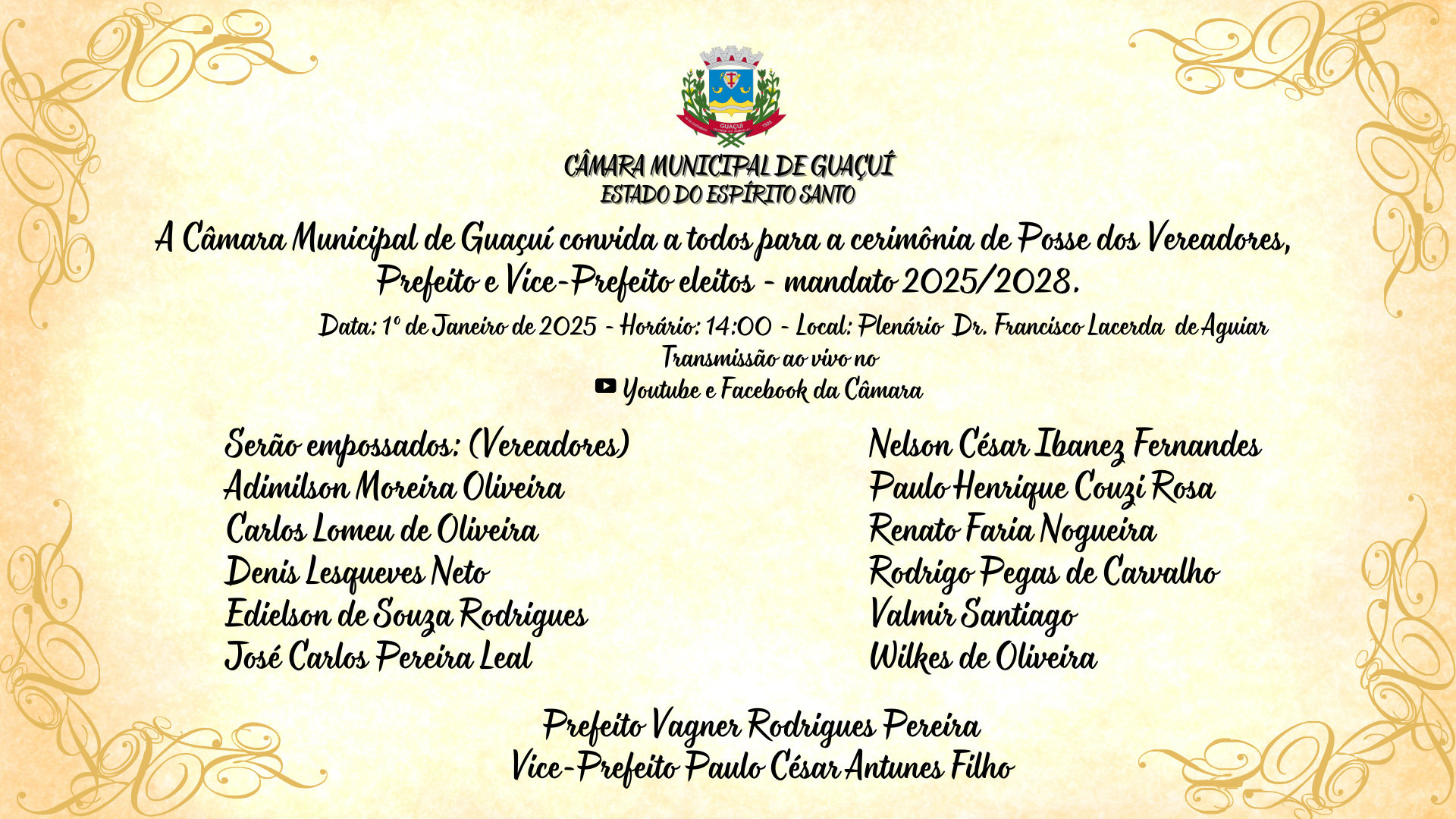 CONVITE PARA A REUNIÃO SOLENE DE POSSE DOS VEREADORES, PREFEITO E VICE-PREFEITO ELEITOS - MANDATO 2025/2028.