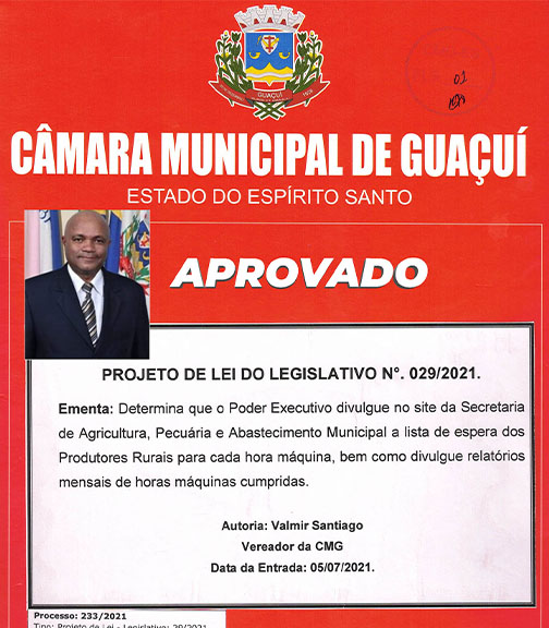 PROJETO DE LEI Nº 029/2021 DE AUTORIA DO VEREADOR VALMIR SANTIAGO É APROVADO.